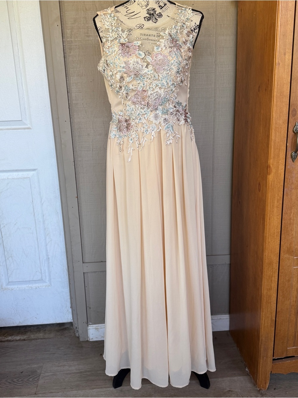 Neslay Designer Sleeveless Blush Maxi Dress with Embroidered Floral Bodice